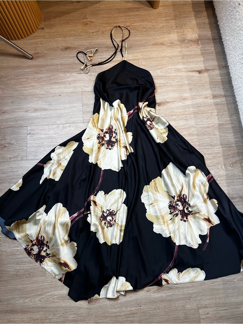 Misa Los Angeles Black Maxi Dress with Cream Floral Print